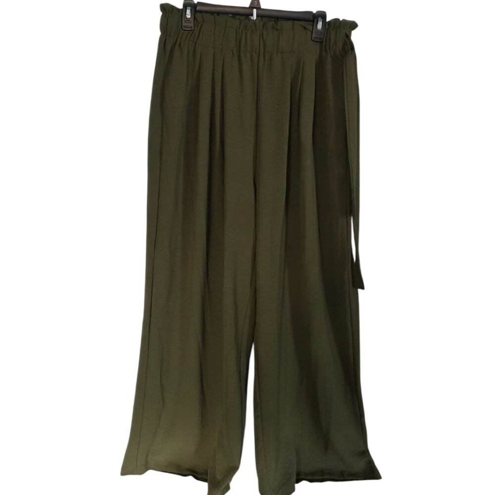 Casual Wide-Leg Paperbag Pants in Olive Green